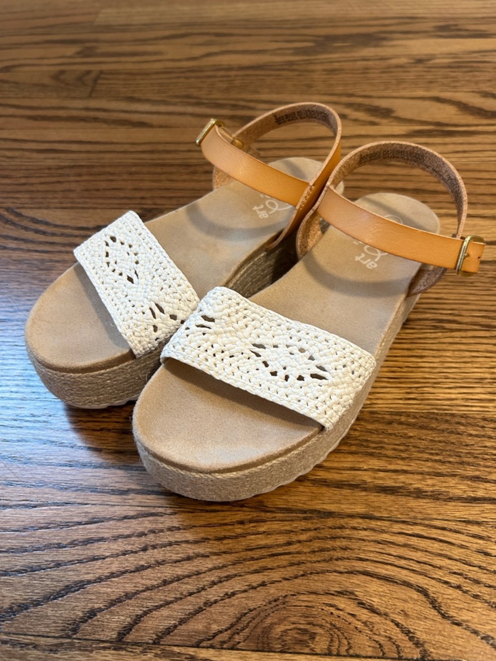 Girls Woven White Platform Sandals with Tan Ankle Strap